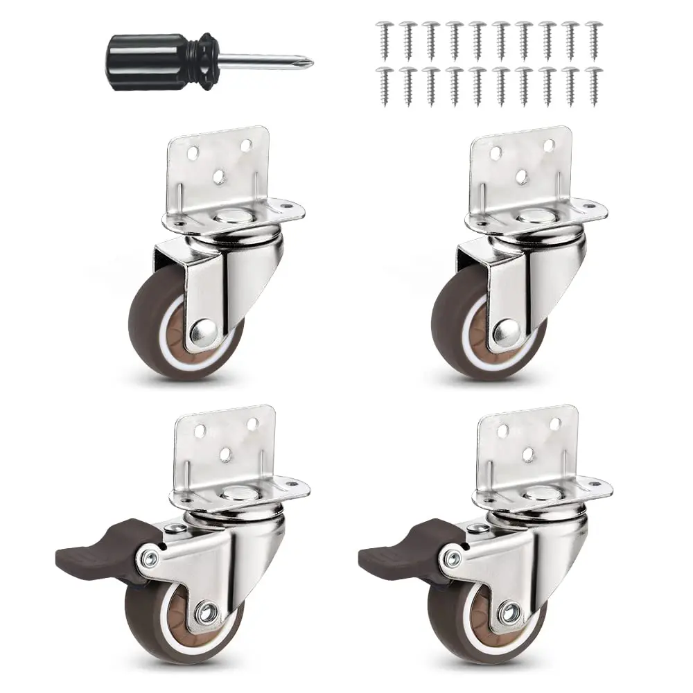 Heavy Duty Casters Set of 4 with ,L-Shape Side Mount TPR Plate Caster Wheels  for  Bed, Carts Trolley, Kitchen Cabinet, Furniture, Table, Loading Capacity 80 Lbs (1” L-Shape)