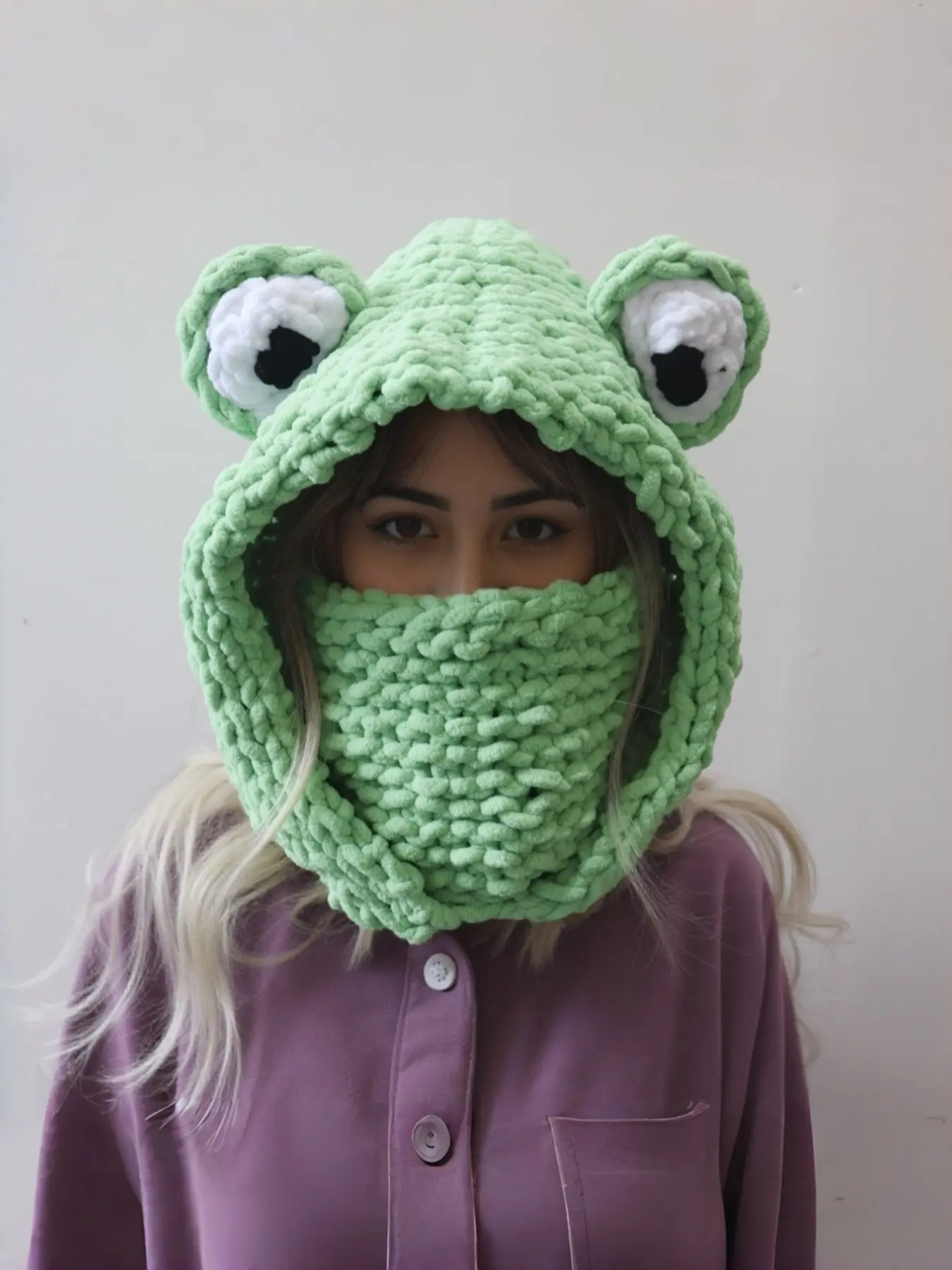 Cartoon Frog Knit Beanie, Thick Cozy Winter Hat with Face Mask, Unisex Fall & Winter Warm Hat, Pullover Style, Trendy Atmosphere Cap, Knit Hats