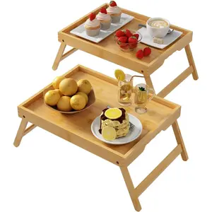Table with Folding Legs, Bamboo Breakfast in Bed Serving Tray, Sofa, Eating, Used As Laptop Desk Snack Tray 2 Pack (Bamboo)