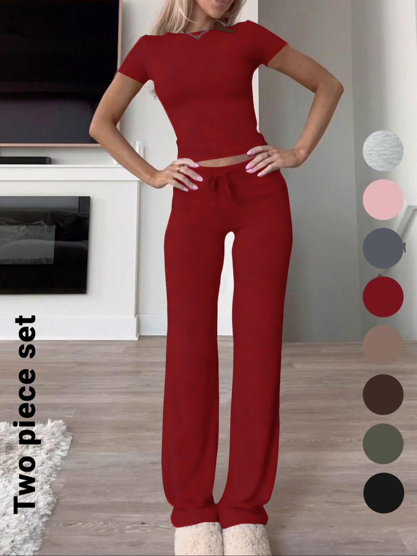 Women's Solid Short Sleeve Two-piece Set, Casual Round Neck Crop Tee & Drawstring High Waist Trousers for Daily Wear, Ladies Summer Clothes