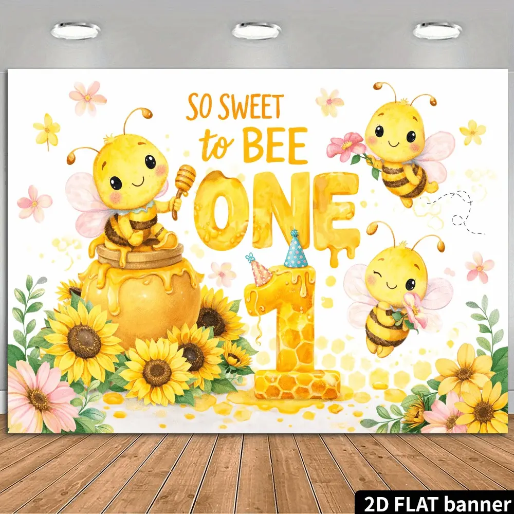 Minimalist Bee First Birthday Backdrop Decoration Banner | 2D Flat Banner Polyester Fabric | Single-Sided Print with Metal Grommets for Easy Hanging | TikTok Viral Spring & Summer Party Decor, Birthday Decorations