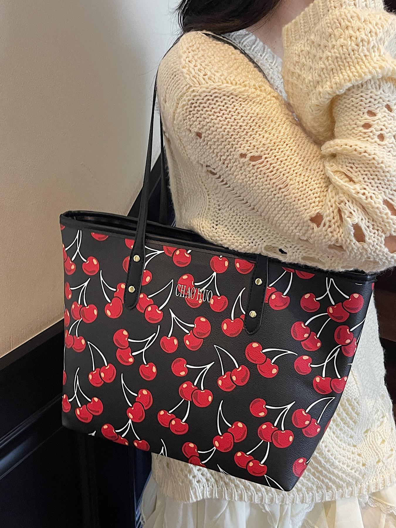 Niche cherry fruit pattern printed tote bag, Lightweight tote bag, one-shoulder underarm bag, casual handbag, Casual commuter bag, Casual trendy purses, versatile for daily commuting, multiple colors available, suitable for college students