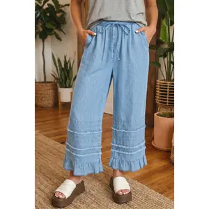 Beau Blue Ruffled Hem Wide Leg Chambray Pants
