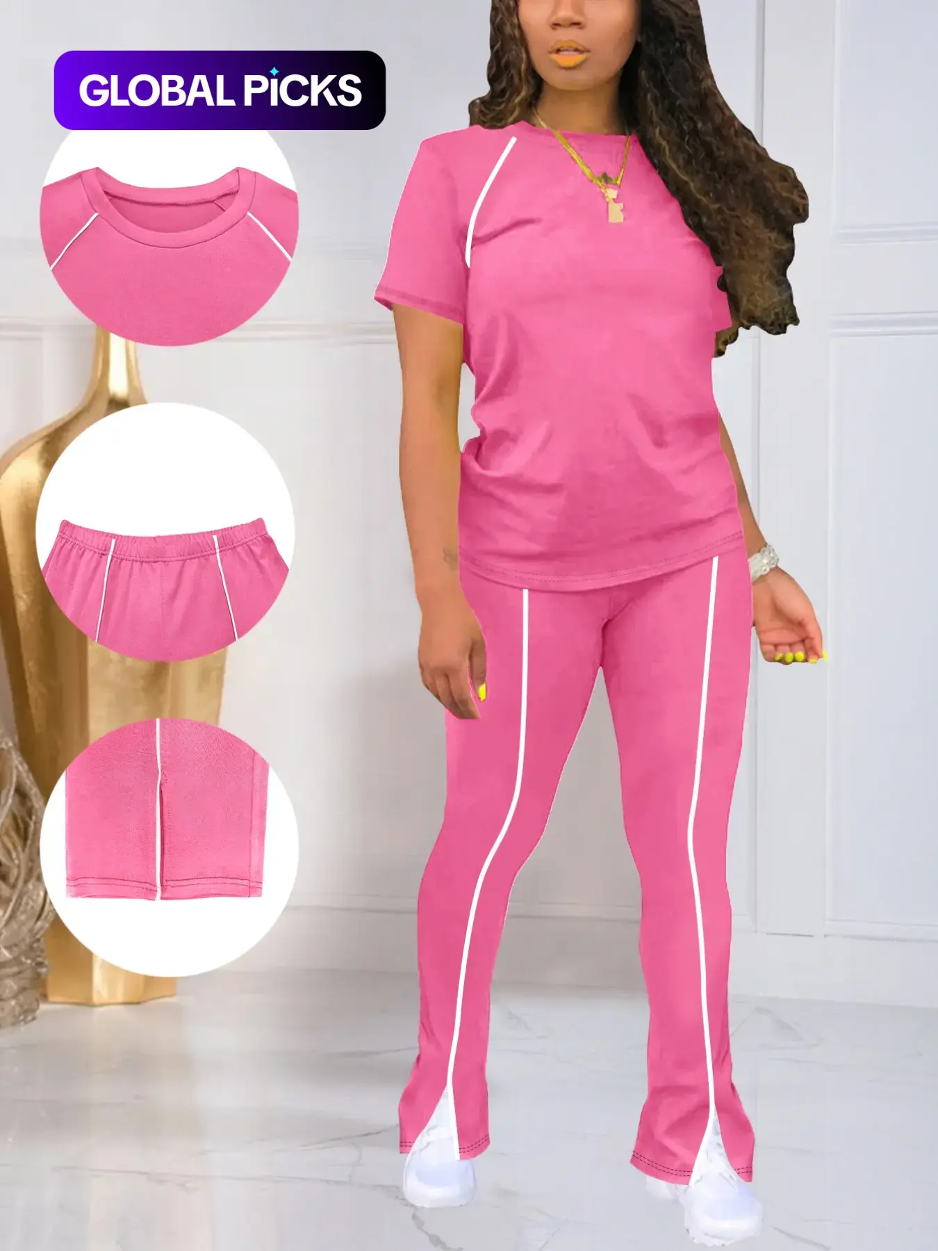 Summer Fashion New Round Neck Solid Color Patchwork Short Sleeve Top with Long Pants Set, Women's Two-Piece #GLOBAL PICKS