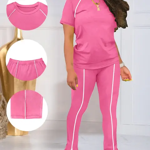 Summer Fashion New Basic Everyday Casual Round Neck Short Sleeve Fitted Solid Top & Long Pants Set, Women's Two-Piece Set Outfit Two Pieces Outfits Womenswear #GLOBAL PICKS