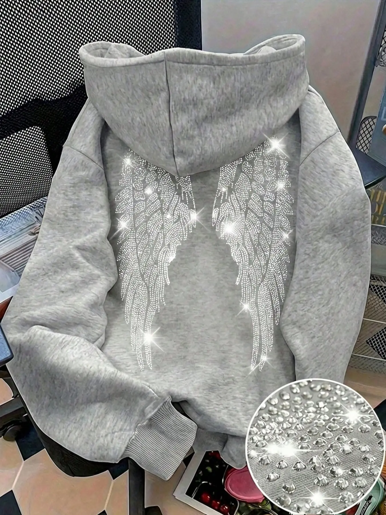 Women Loose Fit Casual Hooded Top, Y2K Streetwear Bling Rhinestone Angel Wings Graphic Fleece Lined Oversized Long Sleeve Pullover Sweatshirt, Trendy Baggy Graphic Hoodie, Autumn Outfits Women for Holiday Street Daily Wear