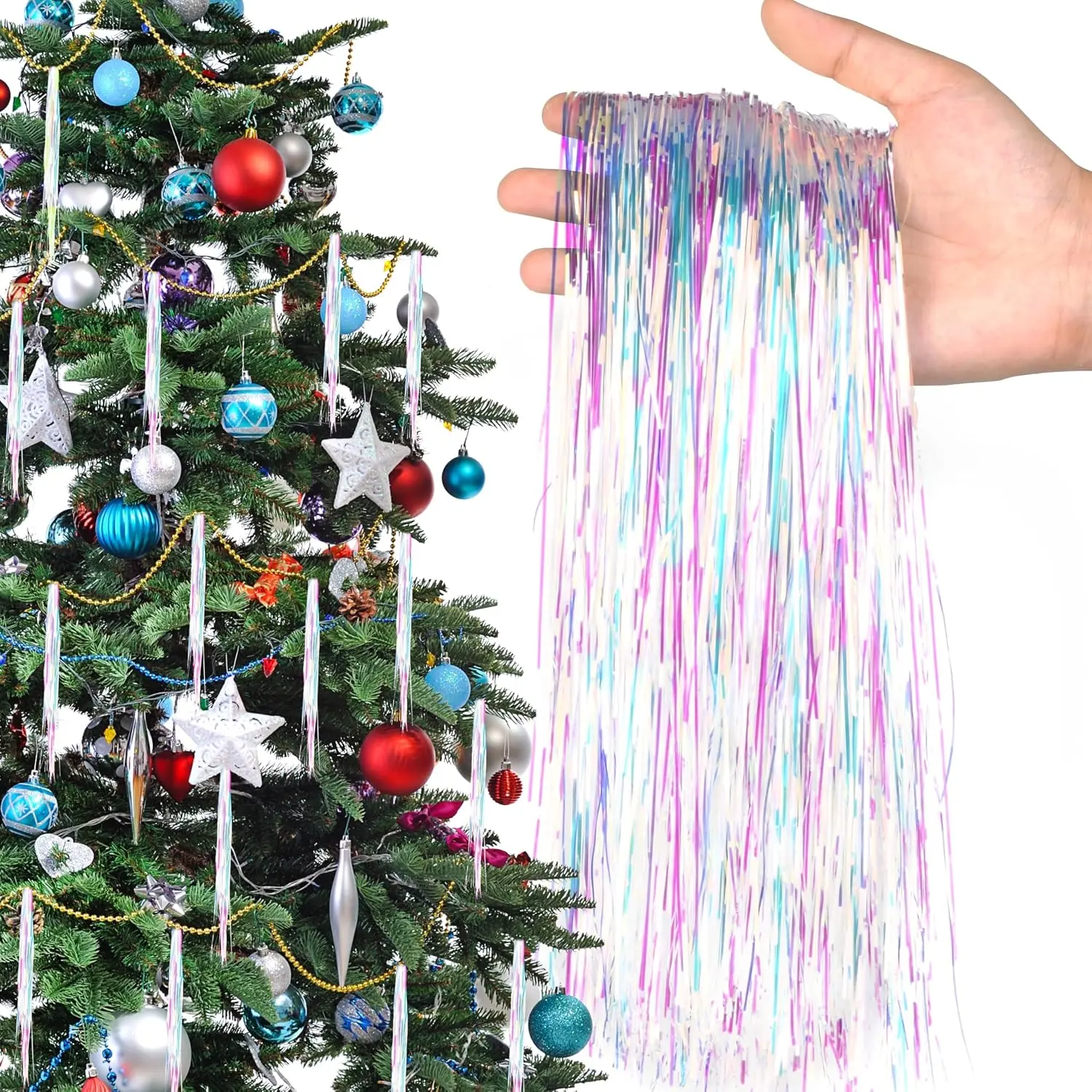 30000 Strands Iridescent Christmas Strand Tinsel Icicle,19.7" Tinsel Foil Fringes Shiny Icicles Garland Christmas Tree Glitter  Decorations for Indoor Outdoor  Holiday Party Supplies