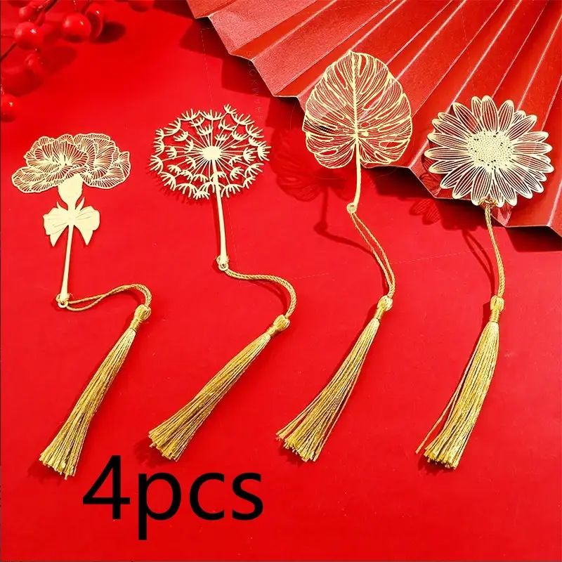 4pcs Hollow Metal Bookmarks with Fringe, Seasonal Leaves Design, Chinese Culture Gift for Teachers/friends, Carnations/bamboo/dandelion/sunflower