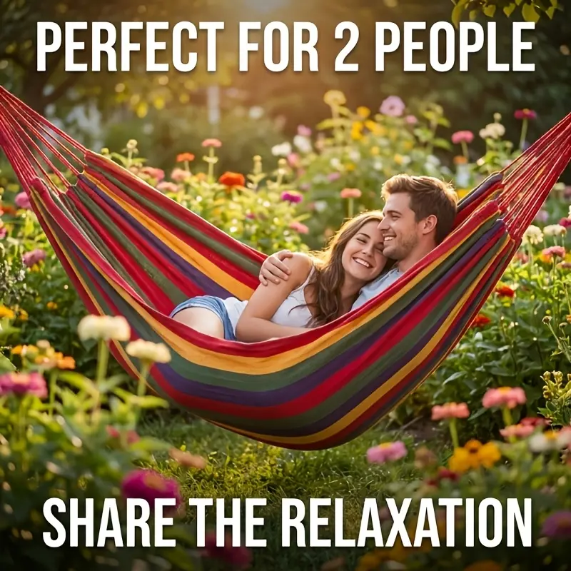 1PC patio hammock, vibrant striped fabric hammock with anti-tipping design, sturdy and durable, comes with strap rope - perfect for patio, outdoor, indoor, and camping relaxation, hammock for outdoor use.
