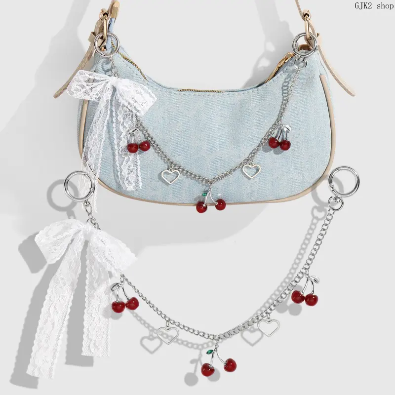 Cute Cherry Strawberry Bag Chain Charms, Lace Bow Multi Layer Handbag Strap Pendant, Sweet Y2K Aesthetic Bag Decor Accessories for Women Purse