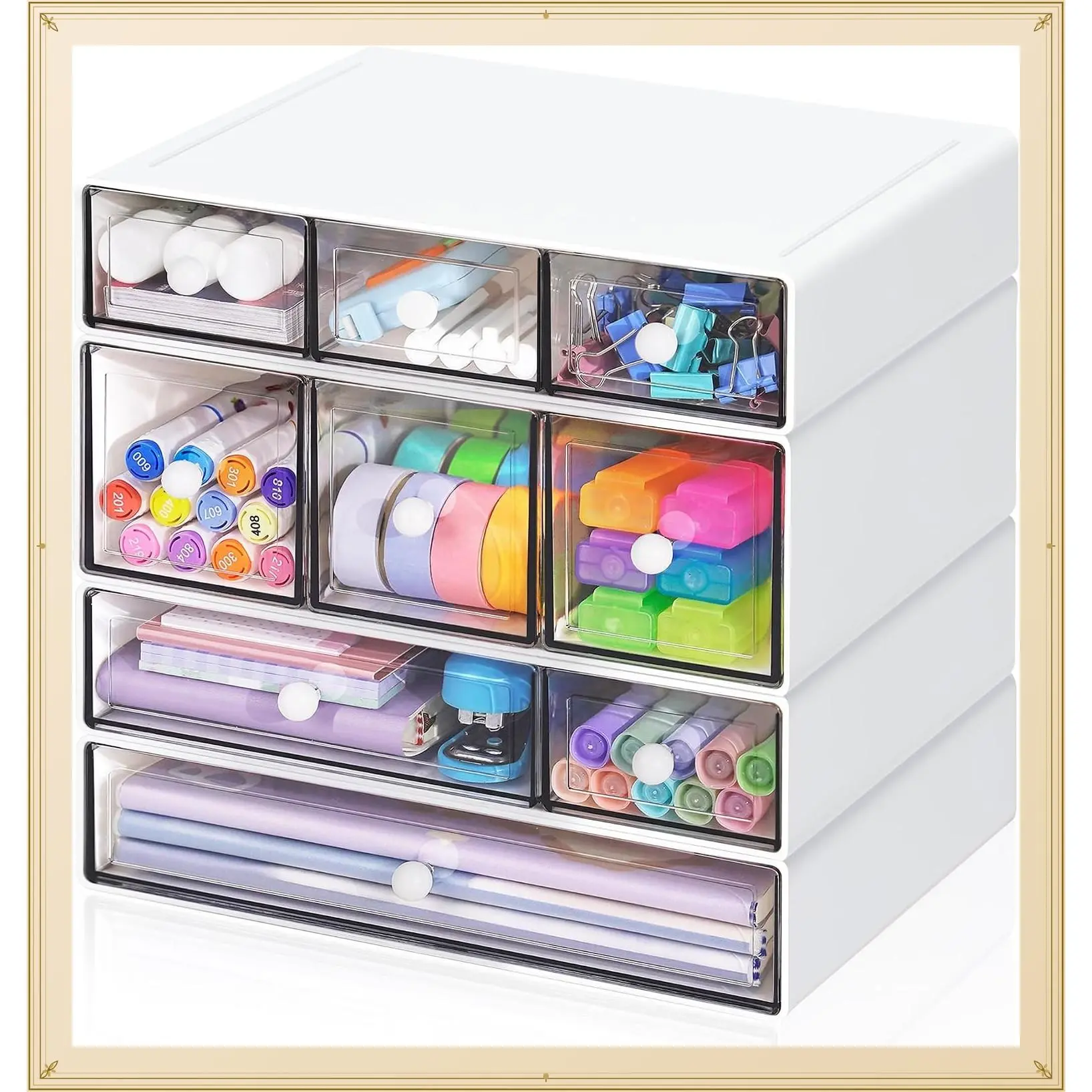9-Drawer Desk Storage Organizer, 4-Tier Stackable Clear Craft Storage Drawers for Stationery Makeup Jewelry Office Supplies, WhiteGift