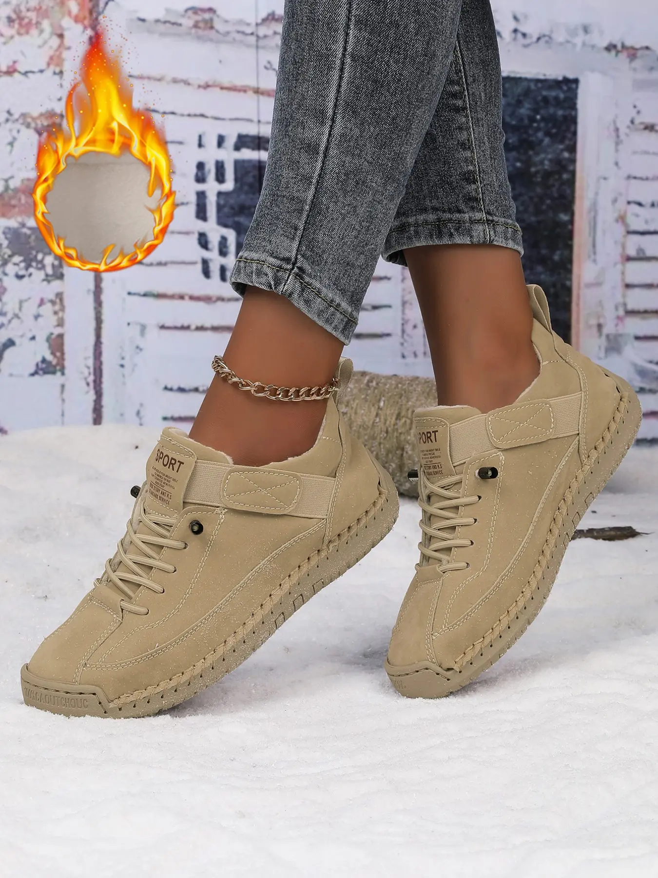 Women's Casual Plush Shoes, Slip-On Design, Textured Upper, Hand-Stitched Sole, Warm Fleece Lining, Perfect for Fall & Winter, Sneaker