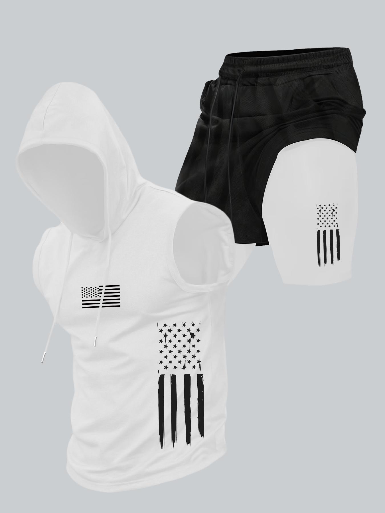 Two-Piece Set Men's American Flag Print Hooded Tank Top & Shorts Set, Regular Fit Casual Sleeveless Top & Shorts, Men's Summer Activewear Sportswear Set Menswear Athletic Clothes