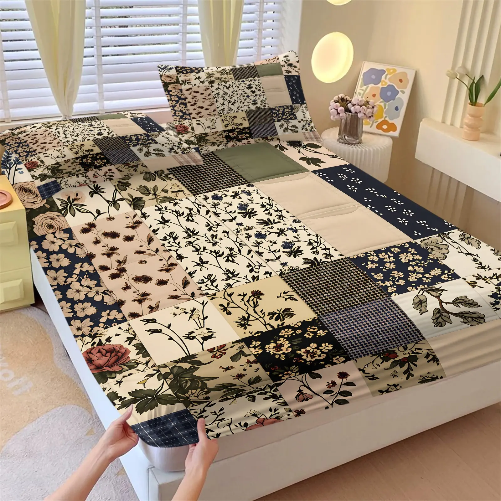 American Vintage Floral Plaid Patchwork Fitted Sheet Set-1 Bed Cover & 2 Coreless Pillowcases-Floral Plaid Fabric Patchwork-Soft Breathable Non-Slip-French Country Style Adult/Girl/Children Bedroom Decor