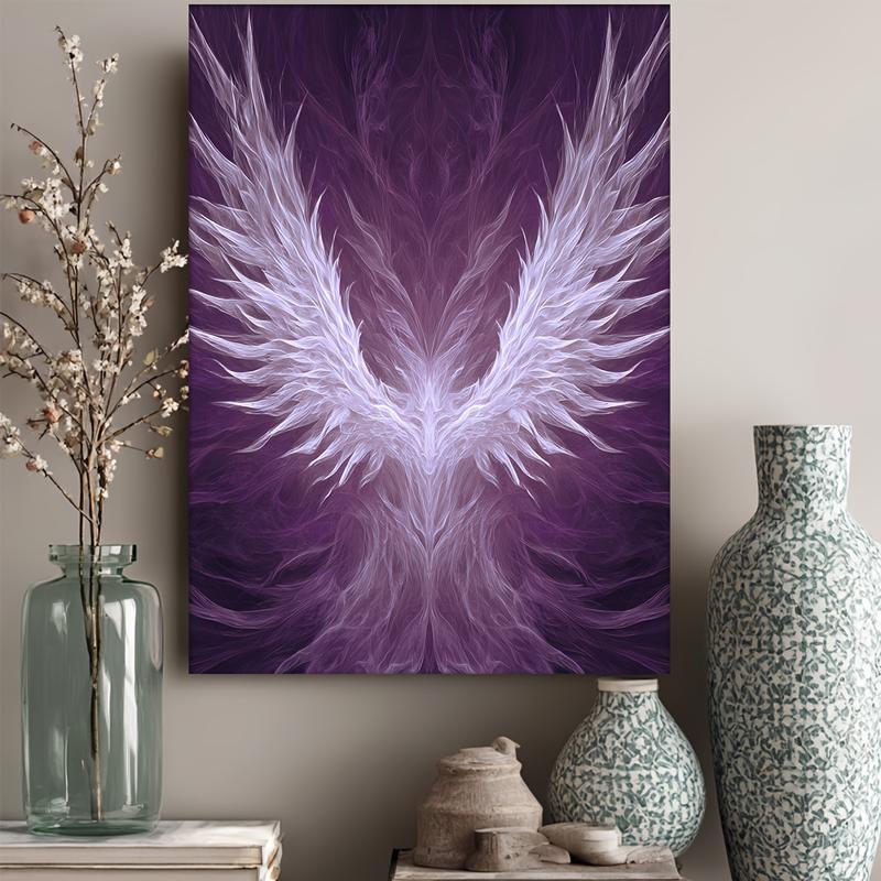 1pc Modern Gothic Purple & White Angel Wings Canvas Wall Art - Abstract Wing Design with Deep Violet-Purple Background, Wrapped Wood Frame, 12x16 Inch Square Painting for Home Decor, Living Room, Bedroom, Office