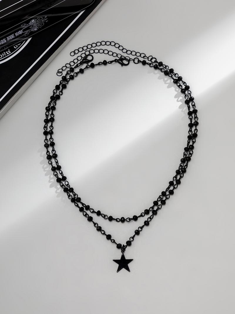 Streetwear Star Charm Pendant Necklace for Women, 2pcs/set Punk Beaded Necklace, Trendy Matching Jewelry, Fashion Goth Accessory for Pub, Party, Charms Necklace