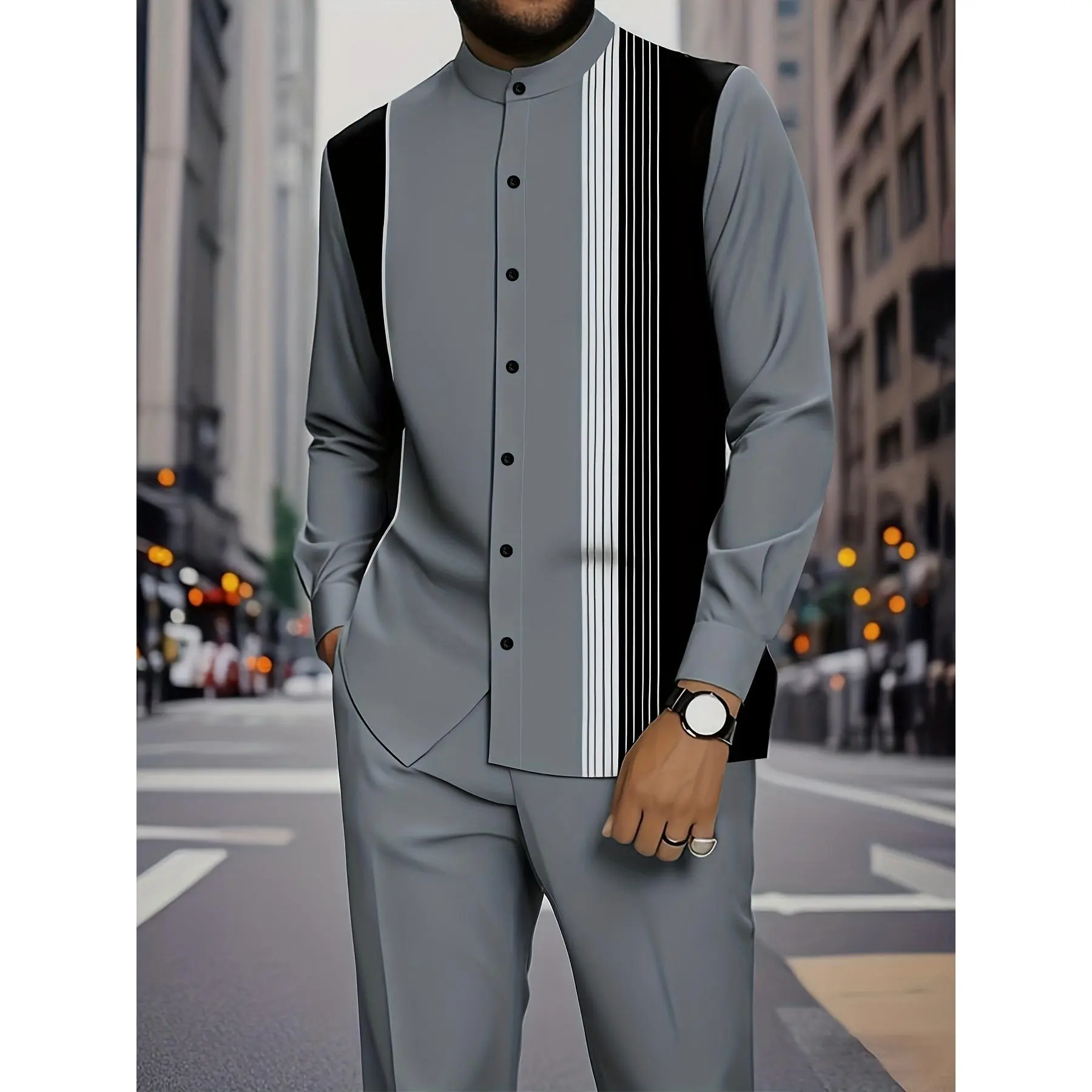 European American Fashion Men's Spring Autumn New Striped Artistic Pattern Printed Stand-up Collar Long Sleeve Shirt Set Casual Street Outdoor Outfit