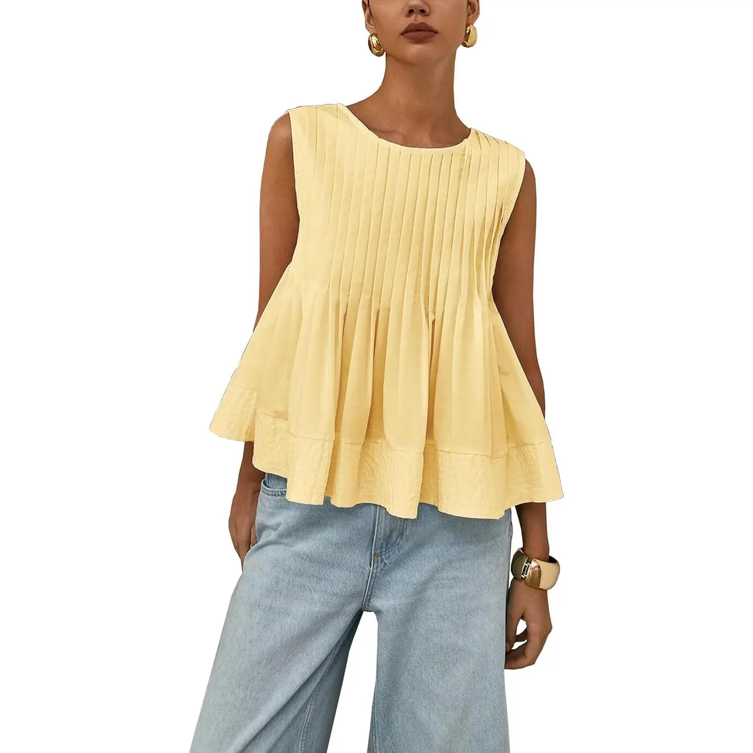 Women's Summer Babydoll Ruffle Tank Tops Pleated Peplum Sleeveless Blouse Round Neck Y2K Shirt