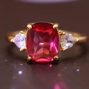 Created Ruby Statement Ring, 18k Golden Plated Cushion Cut Red stone Ring with Teardrop CZ Side Stones, Elegant Daily & Engagement Jewelry Gift for Women