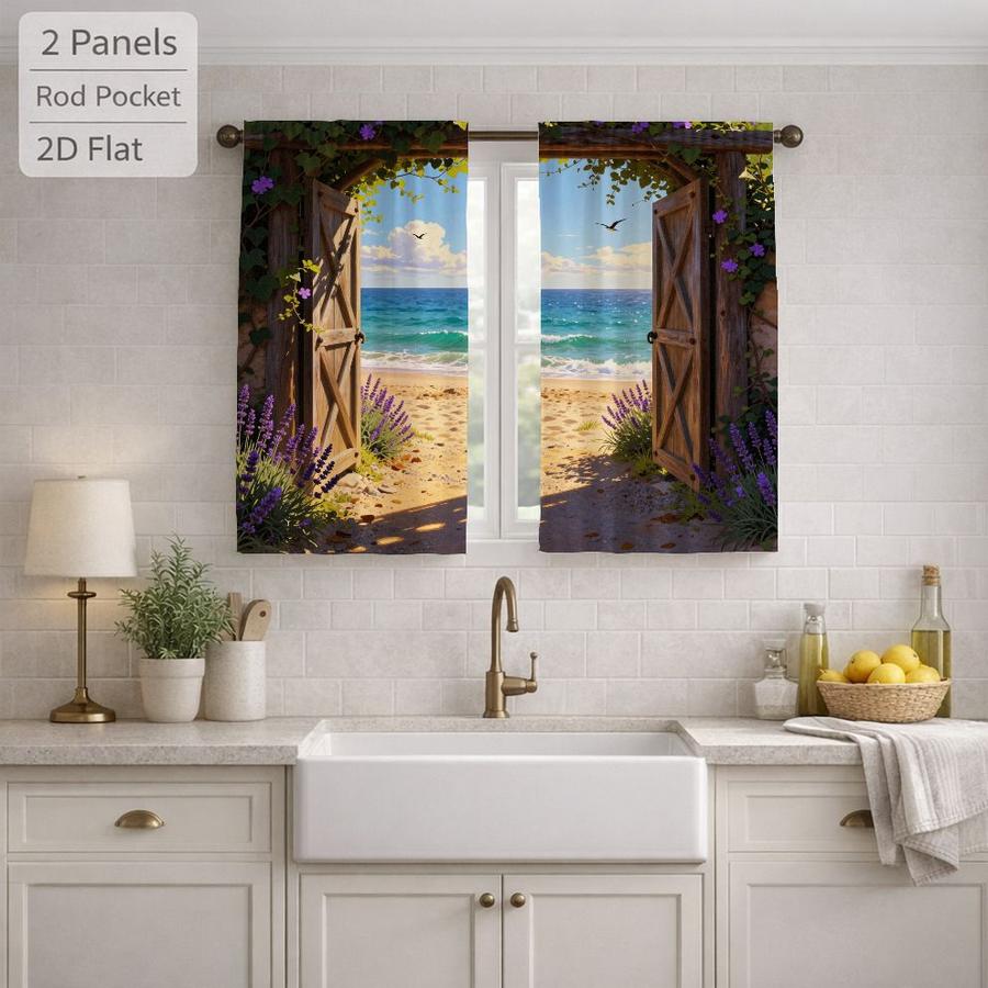 Coastal Landscape Beach Seascape Window Curtains 2Pcs Digital Print Rod Pocket for Bedroom Office Kitchen Living Room Study Home Decor Soft Light Filter Easy Installation
