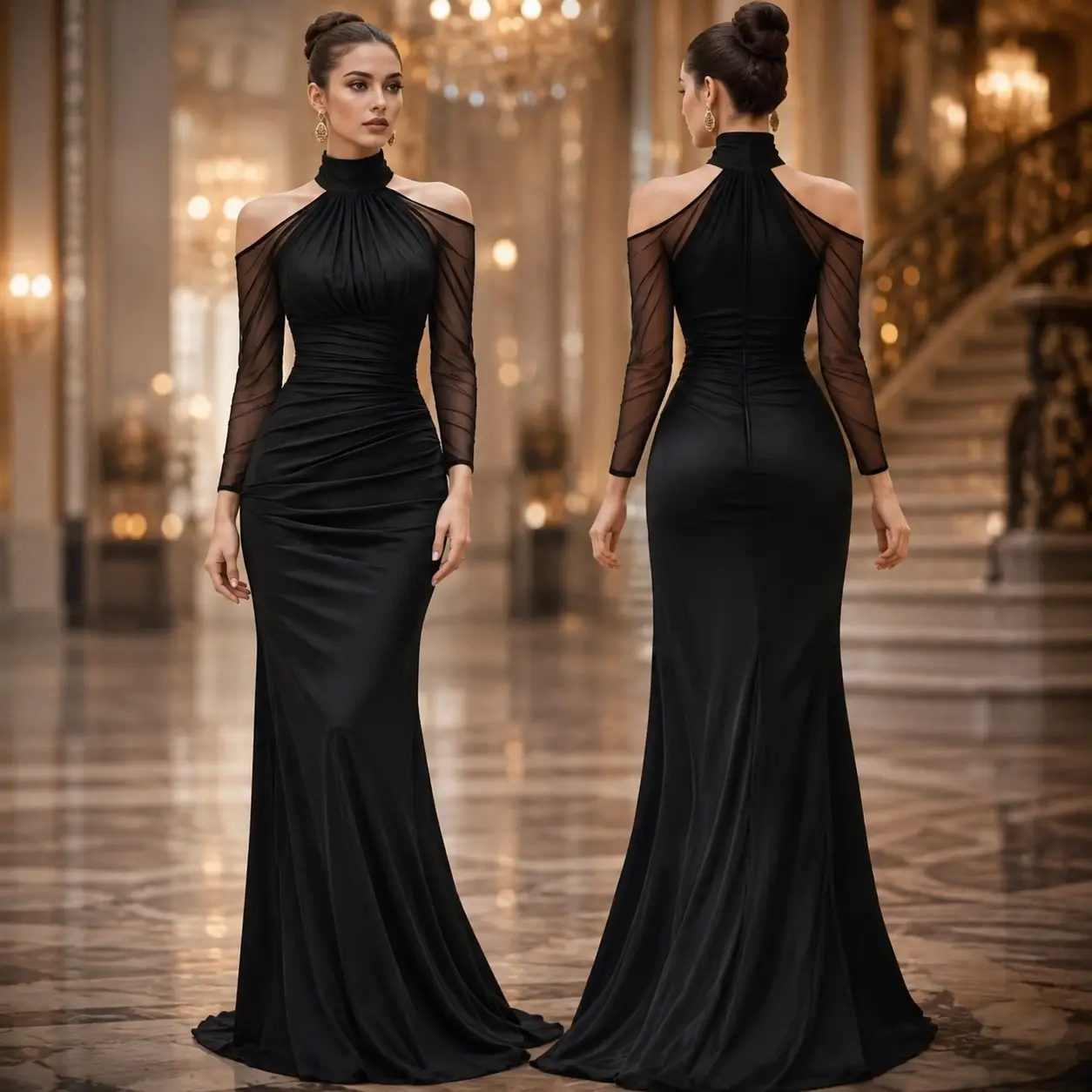 Women’s Black Floor Length Evening Gown, Elegant High Neck Cold Shoulder Formal Dress with Sheer Long Sleeves and Ruched Waist, Fitted Mermaid Maxi Dress for Wedding Guest, Gala, Cocktail Party, Prom and Special Occasions