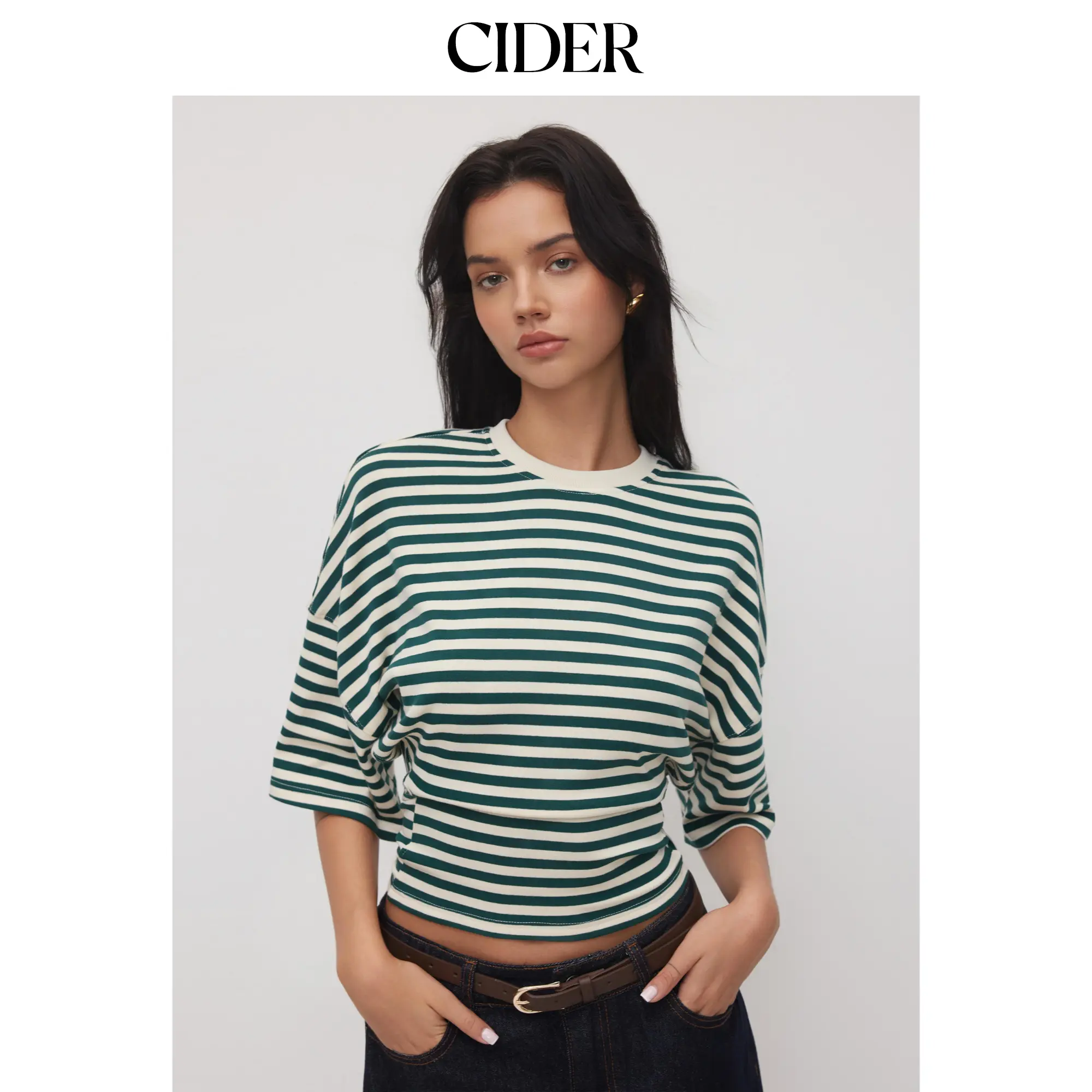 Cider Cotton-blend Stripe Round Neckline Mid-length Sleeve Cinched Waist Tee SummerWins SummerFinds