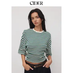 Cider Cotton-blend Stripe Round Neckline Mid-length Sleeve Cinched Waist Tee SummerWins Dealsforyou