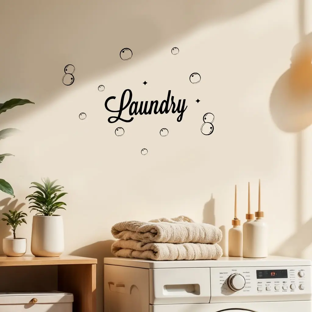 1pc modern self-adhesive wall stickers with semi-matte polyvinyl chloride patterns, "Laundry Room" letters and bubble themes, detachable irregularly shaped laundry room wall stickers, suitable for home decoration Wall Decal, Decorative Wall Sticker