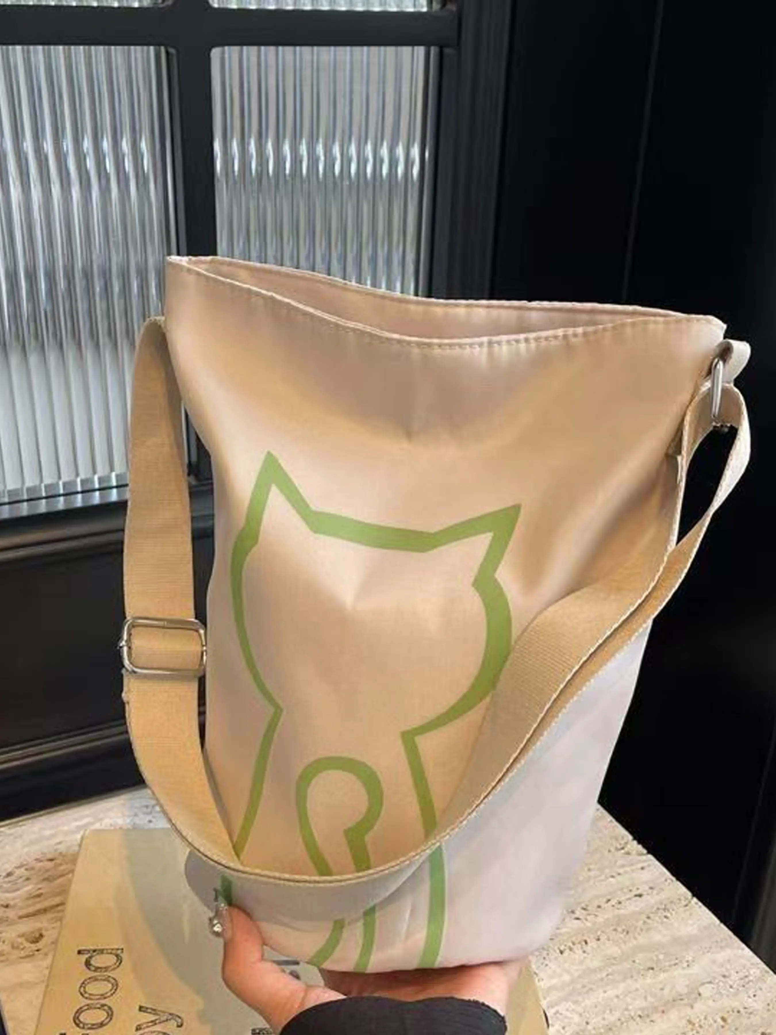 New Korean Style Canvas Bag, Large Capacity Shoulder Crossbody Bag, Fashionable High Aesthetic Cute Cat Bucket Bag