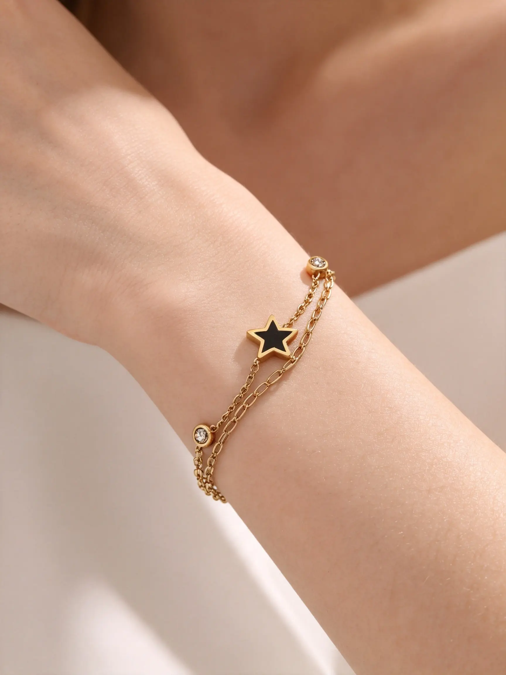 Boho Style Lucky Star Bangle, Stainless Steel Zircon Jewelry, Trendy Accessory for Women, Mother's Day Valentine Christmas Gift, Link Bangle Bracelet