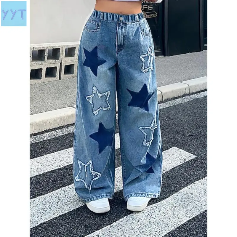 2026 (New) Y2K Style Star Pattern Wide-Leg Jeans for Girls - Comfortable, Loose Fit, Elastic Waist, Suitable for All Seasons