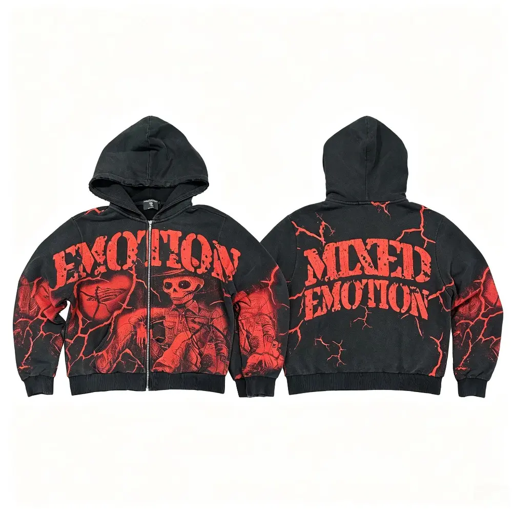 MIXED EMOTION Red Rhinestone Zip Up Hoodie 100% Cotton Loose Oversized Y2K Gothic Red Graphic Print Hooded Sweatshirt Autumn Winter Casual Streetwear Jacket Top Men Women Unisex