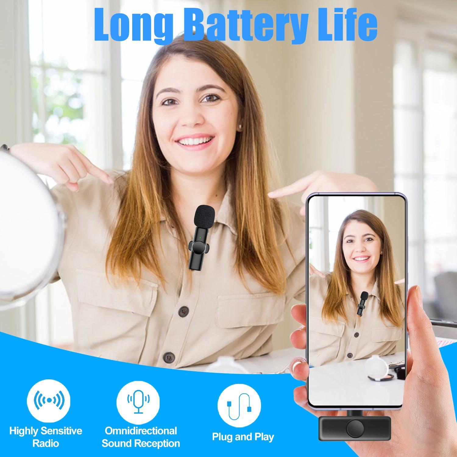 Wireless Microphone, USB Rechargeable Lavalier Microphone, Professional Microphone for Video Recording, Compatible with iPhone, iPad, Android, Audio