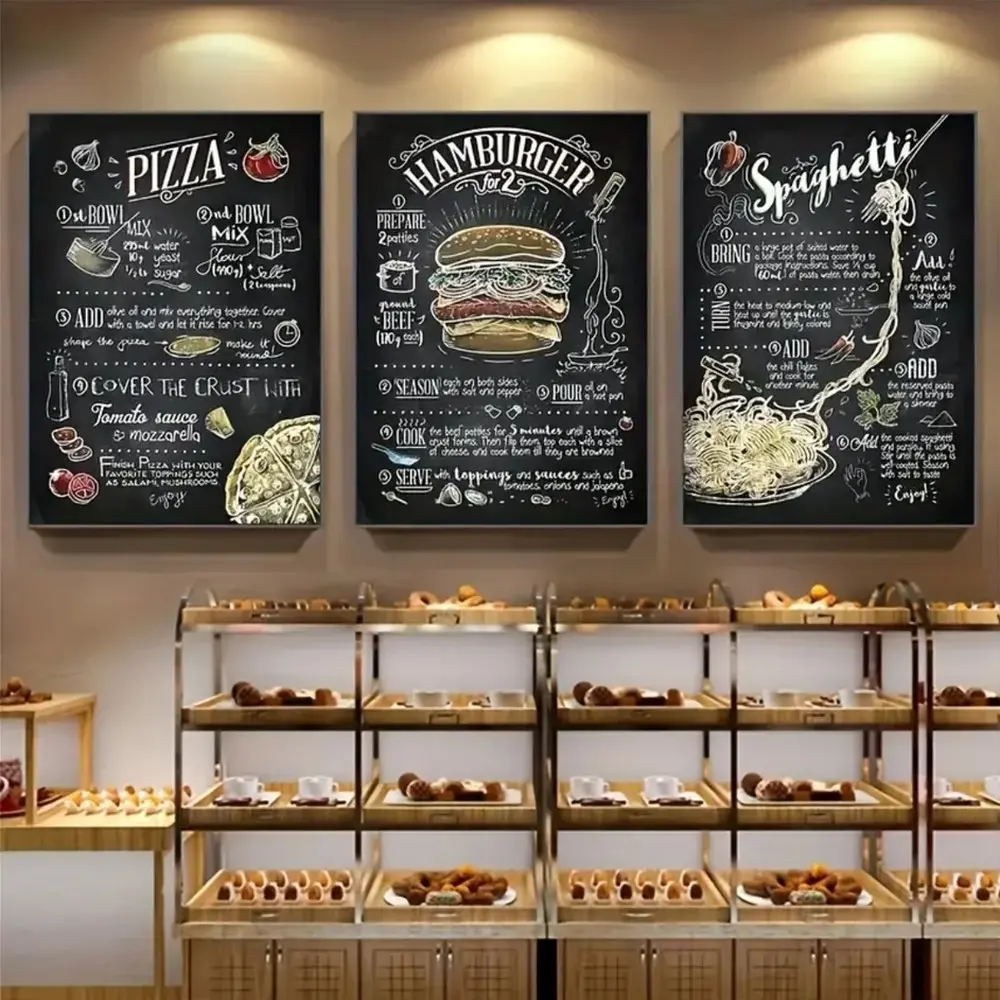 3 Pieces Fast Food Vintage Burger Pizza Art Prints, Kitchen Wall Mural, Foodie Atmosphere Home Art, Industrial Gallery Decor, Warm Tone Painting, Wall Decor for Kitchen, Dining Room and Coffee Corner, Framed or Unframed.