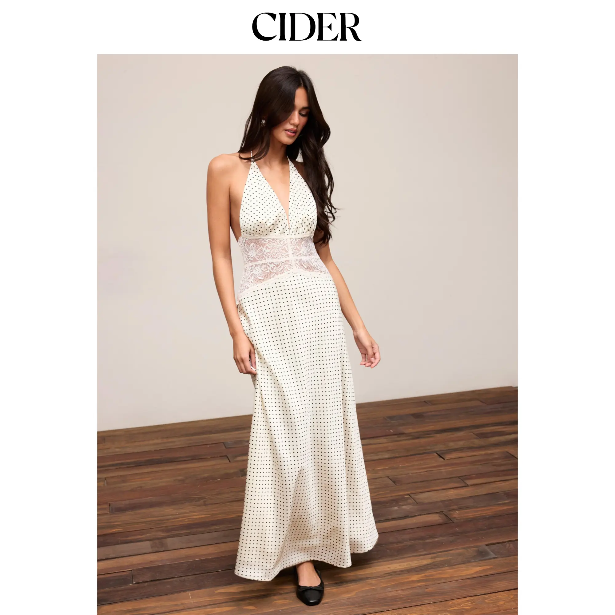 Cider Satin Polka Dot V-neck Lace Panel Mermaid Maxi Dress Cider Satin Polka Dot V-neck Lace Panel Mermaid Maxi Dress