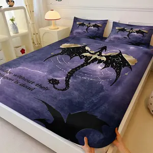 3Pcs Mystic Purple Galaxy Black Dragon Fitted Sheet Set, Decorative Bedsheet Sets, Soft Microfiber Deep Pocket Mattress Cover, Gradient Purple Starry Sky Background, Black Dragon Silhouette & Golden Cloud Print, All-Round Elastic Band, Multi Sizes