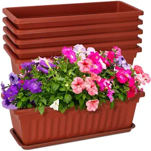 6 Packs Window Box Planter, 17 Inches Flower Window Box Rectangular Plastic Vegetable Planters with Trays for Windowsill, Patio, Garden, Balcony, Brick Red