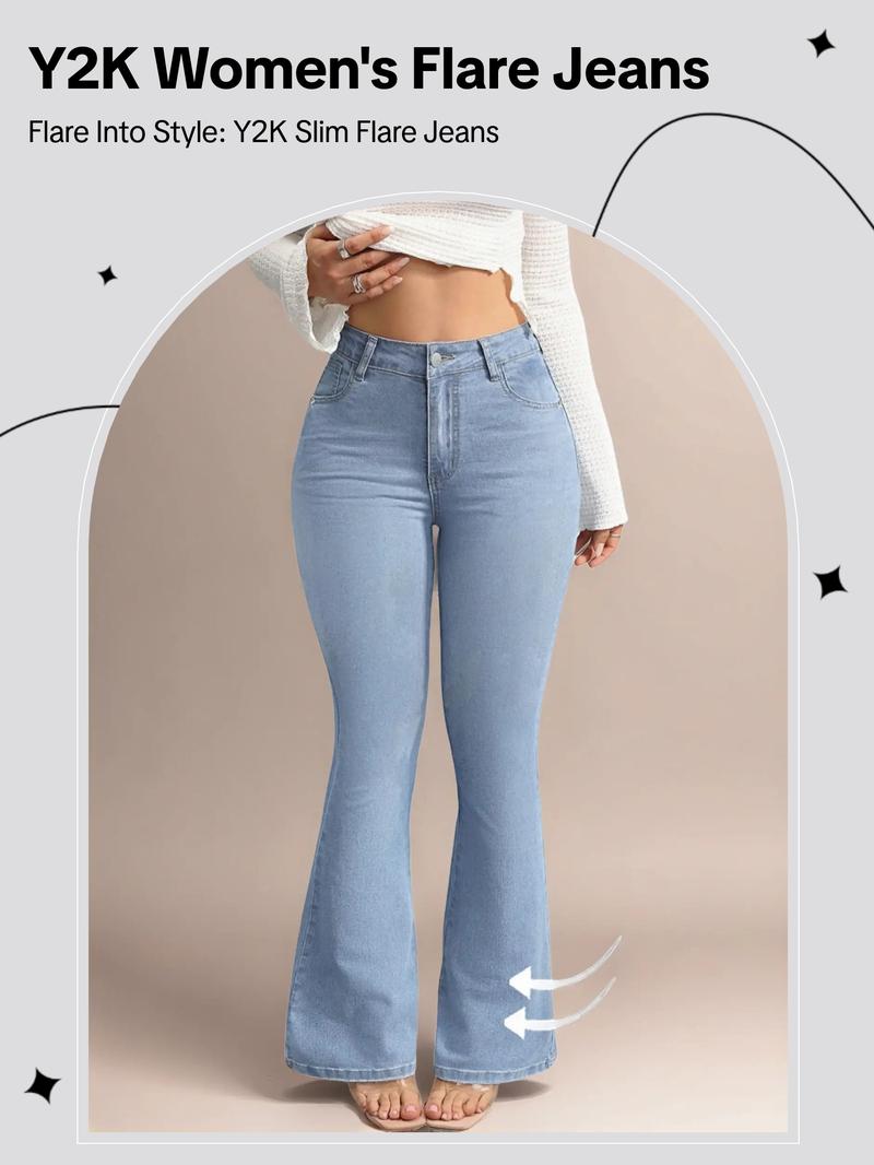 Gilipur Y2k Women's High Waist Flare Leg Jeans, Casual Button Fly Pocket Design Bell Bottom Denim, Women's Bottoms for Daily Wear, Fashionable and Versatile Women's Everyday