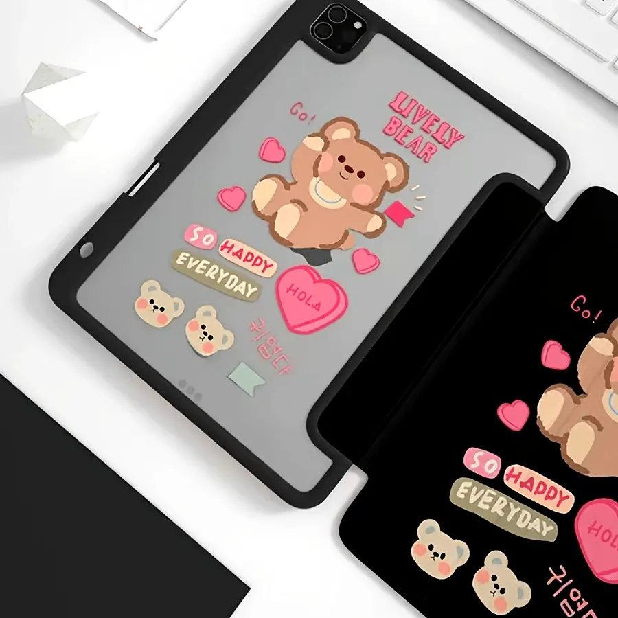 Tablet Case for iPad 7/8/9 Gen (10.2in) & iPad Air 4/5/6/7/8 (10.9in) - Cute Sticker-Style Bear Heart Print Coquette Aesthetic Tri-Fold Cover with Apple Pencil Holder, Shockproof Protective Case, Trendy Gift for Girls