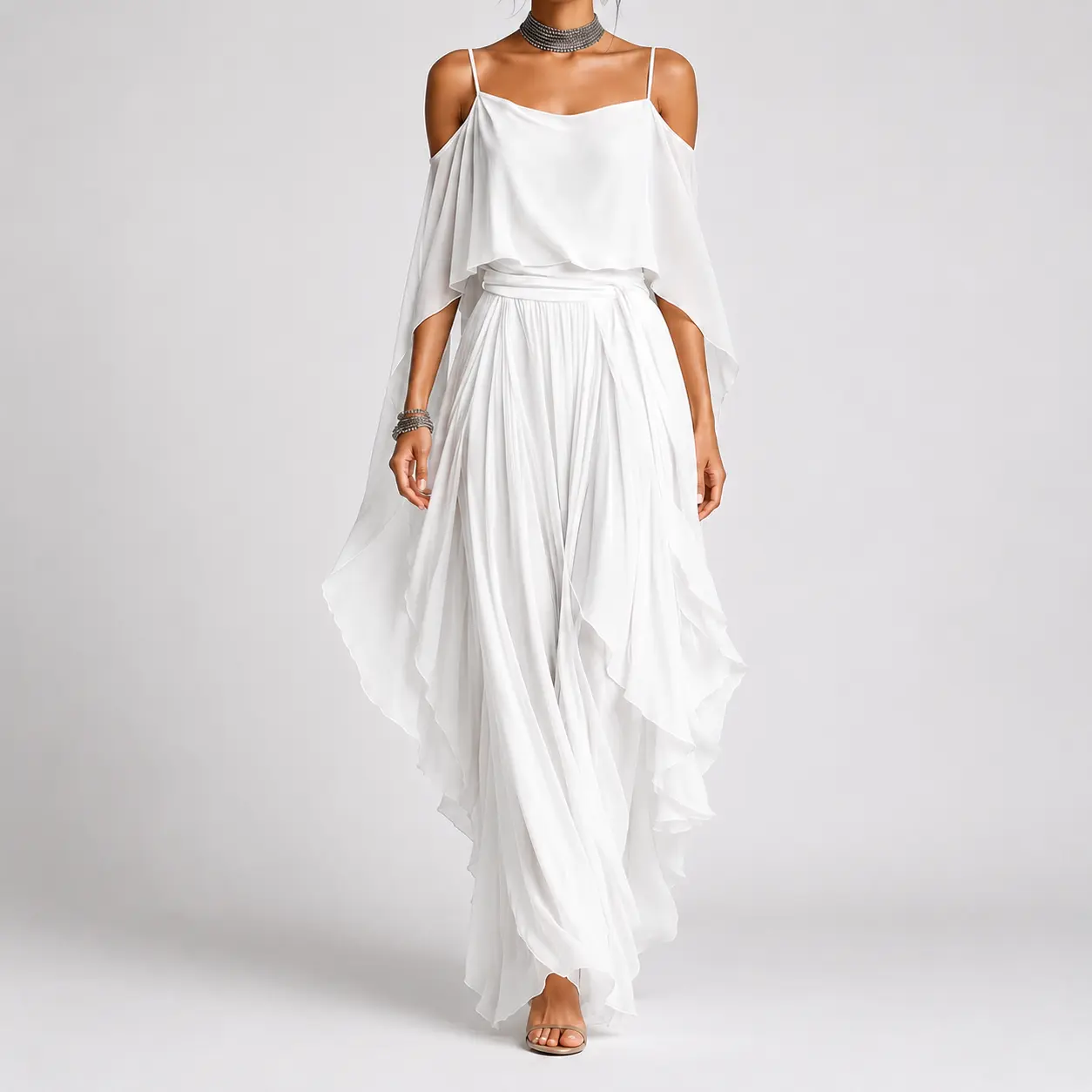 Women's Chiffon 2-Piece Outfit, Off-Shoulder Layered Top and Asymmetrical Cut Wide-Leg Trousers, Women's Clothes