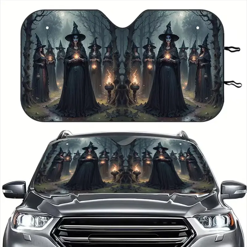 Halloween Gothic Style Car Sun Shade, Foldable Sun Reflector Visor, Aluminum Foil, Universal Fit, SunShade Windshield Protector