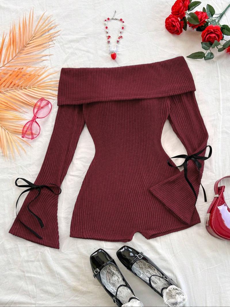 Women's Solid Ribbed Off Shoulder Flounce Sleeve Romper, Casual Fashion Cozy Romper for Daily Outdoor Wear, Women's Clothes for Spring & Fall, Casual Comfy Jumpsuit