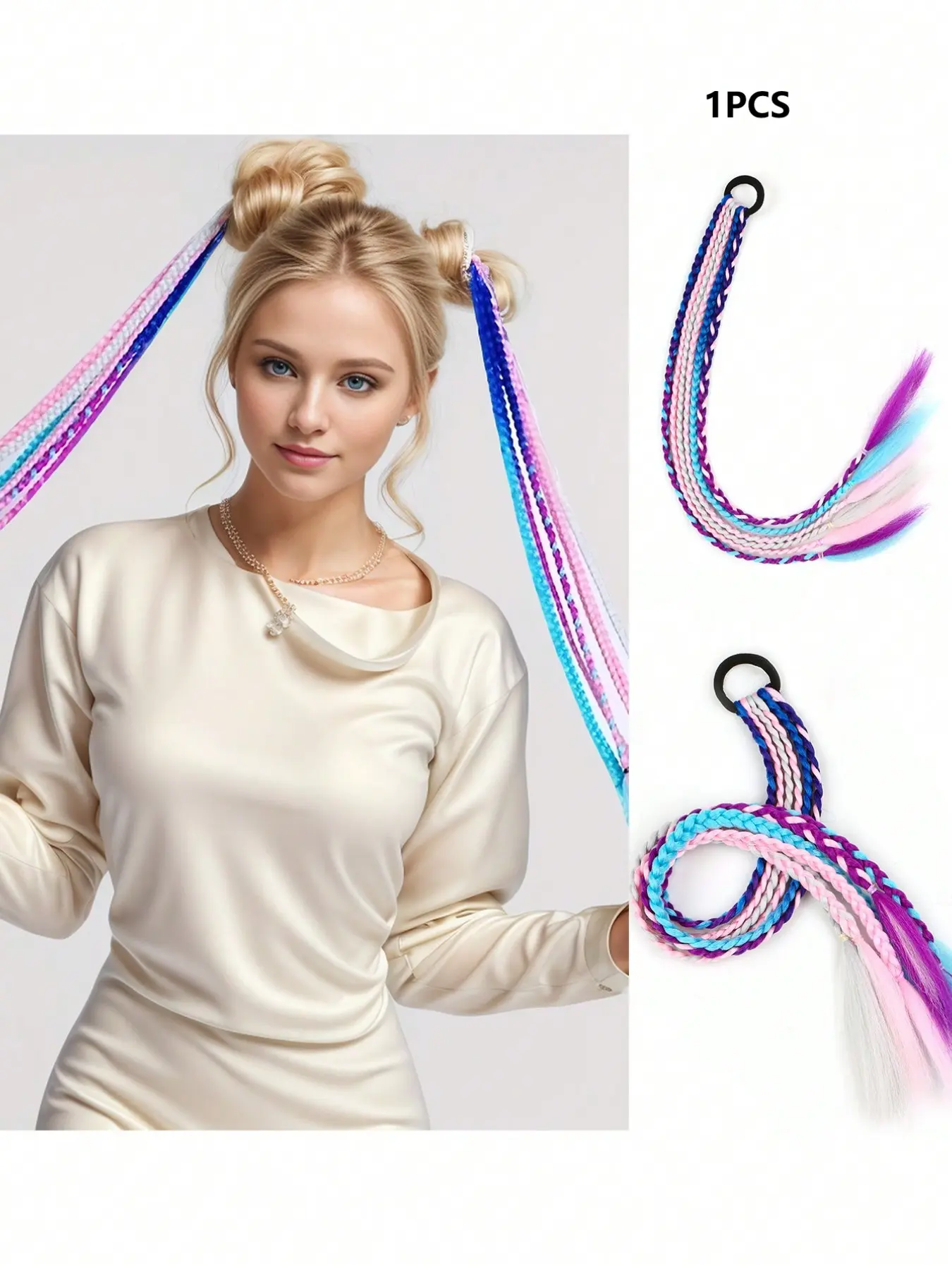 Pastel Color Block 1-Pack Multi-Strand Braided Ponytail Hair Extension, 24-Inch Synthetic Fiber Braided Ponytail Hair for Women & Kids. Trendy Boxer Braids for Daily Wear, Y2K, Parties, Carnivals, and Children's Day, Synthetic Hair Extensions.