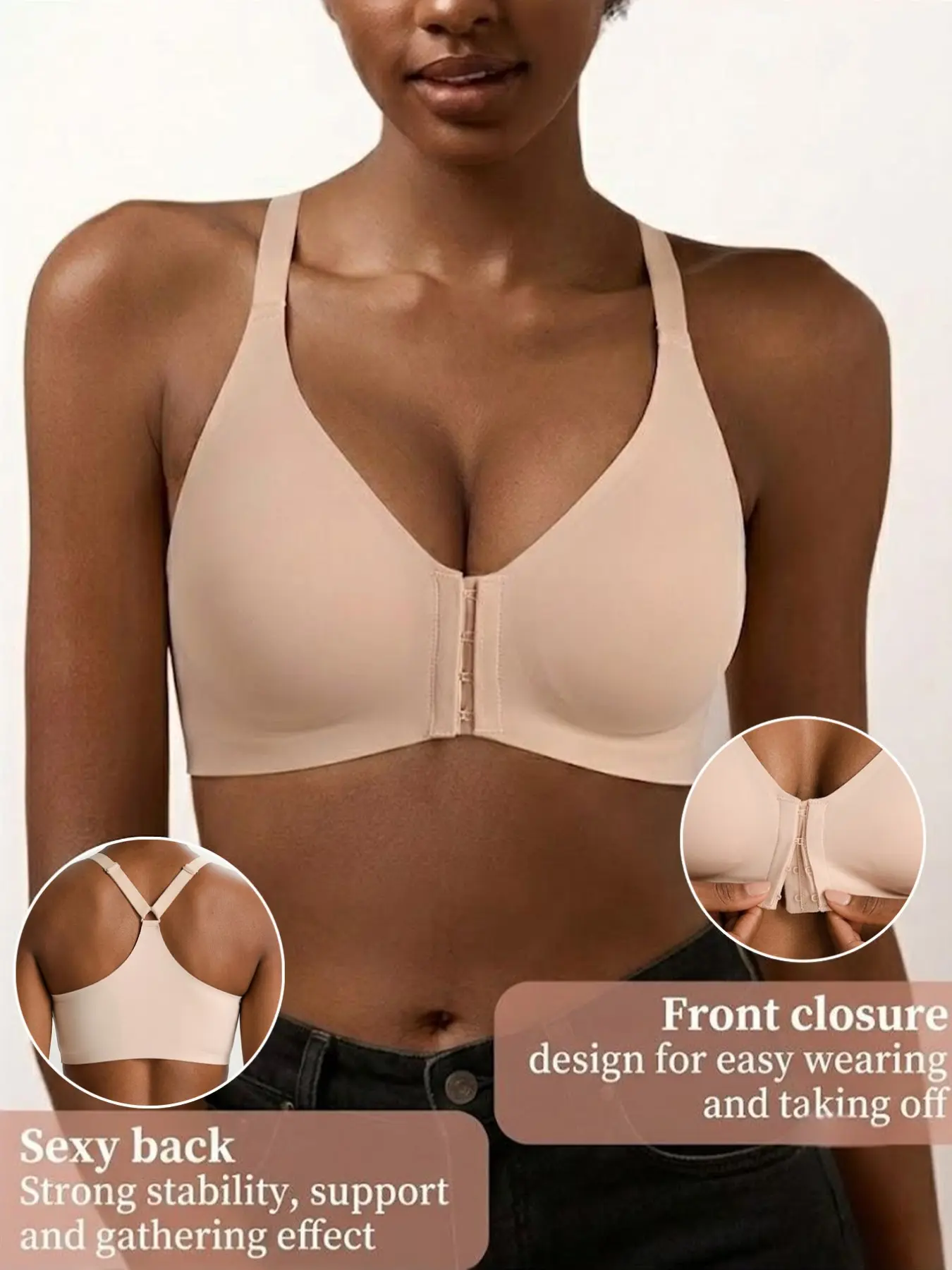 Front-Closure Buckle Racerback Bra with Strong Support, Wireless Slim-Fitting Lined Bra, Casual Plain Full Coverage for All Seasons Underwear