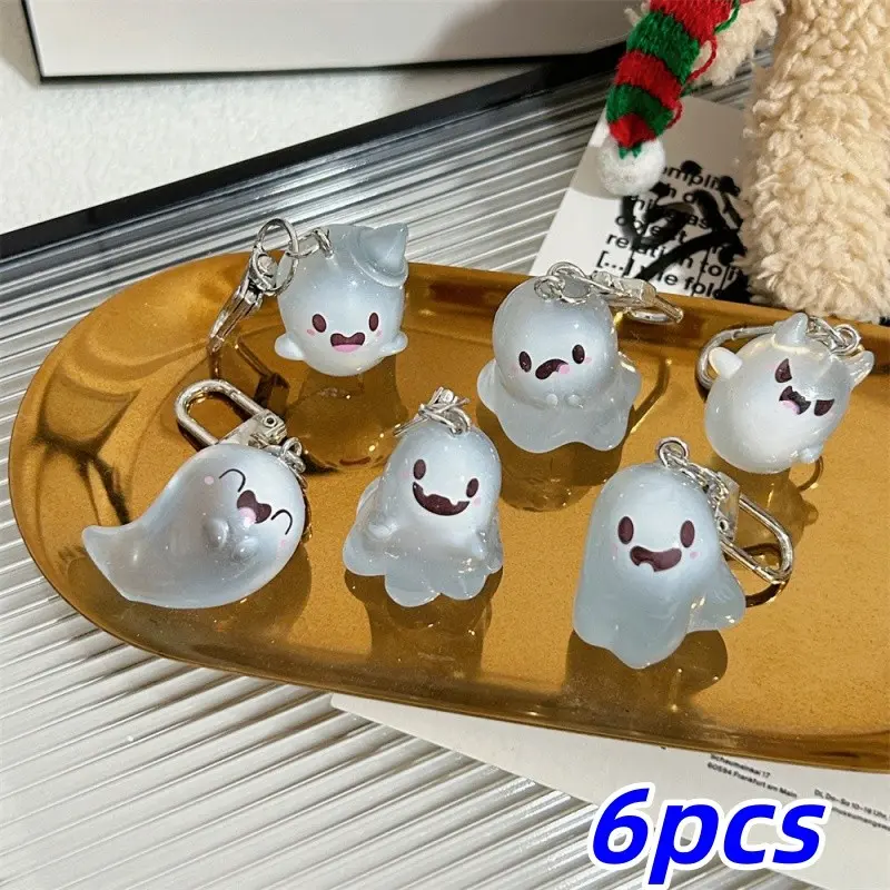 6-Piece Glow-In-The-Dark Ghost Keychain Set, Halloween Figurines, Backpack & Key Attachments, Perfect for Halloween Decor, Party Gifts