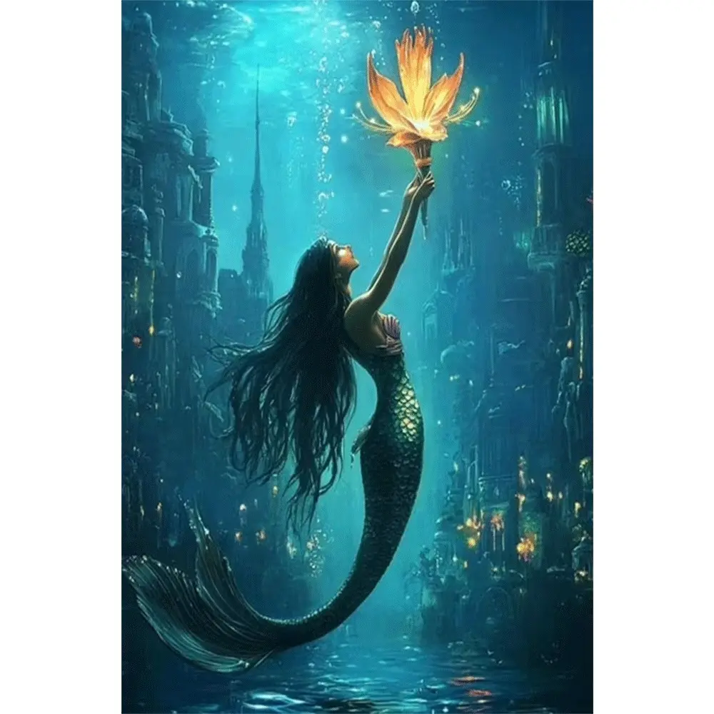 2d flat painting 5D DIY Diamond Painting Kit Mermaid Holding Fire Flower Round Drill Full Drill Include All Tools Sparkling Rhinestones Home Wall Decor Living Room Bedroom Decoration Gift for Adults Kids