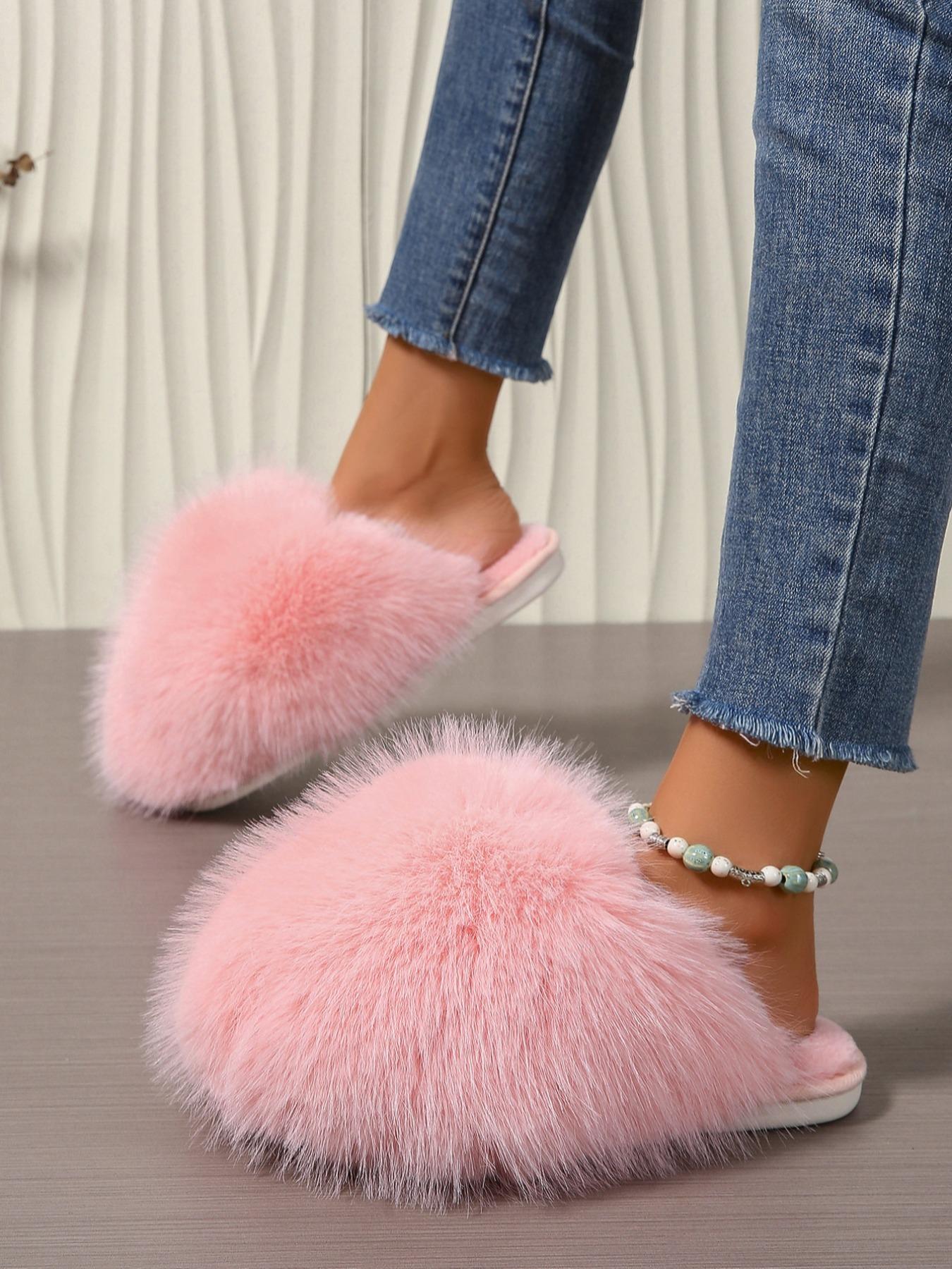 Women's Solid Color Fluffy Plush Slippers, Casual Soft Comfortable Home Slippers, Warm Slippers for Indoor & Outdoor Use for Fall & Winter
