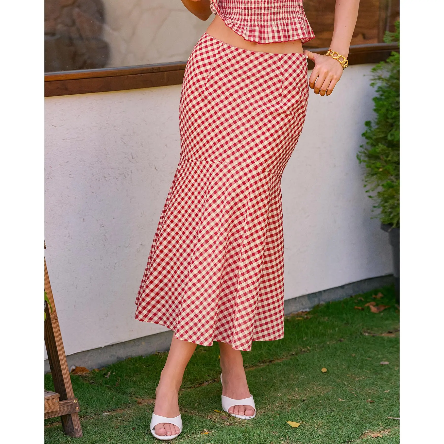 Red Plaid Mermaid Midi Skirt Red Plaid Mermaid Midi Skirt