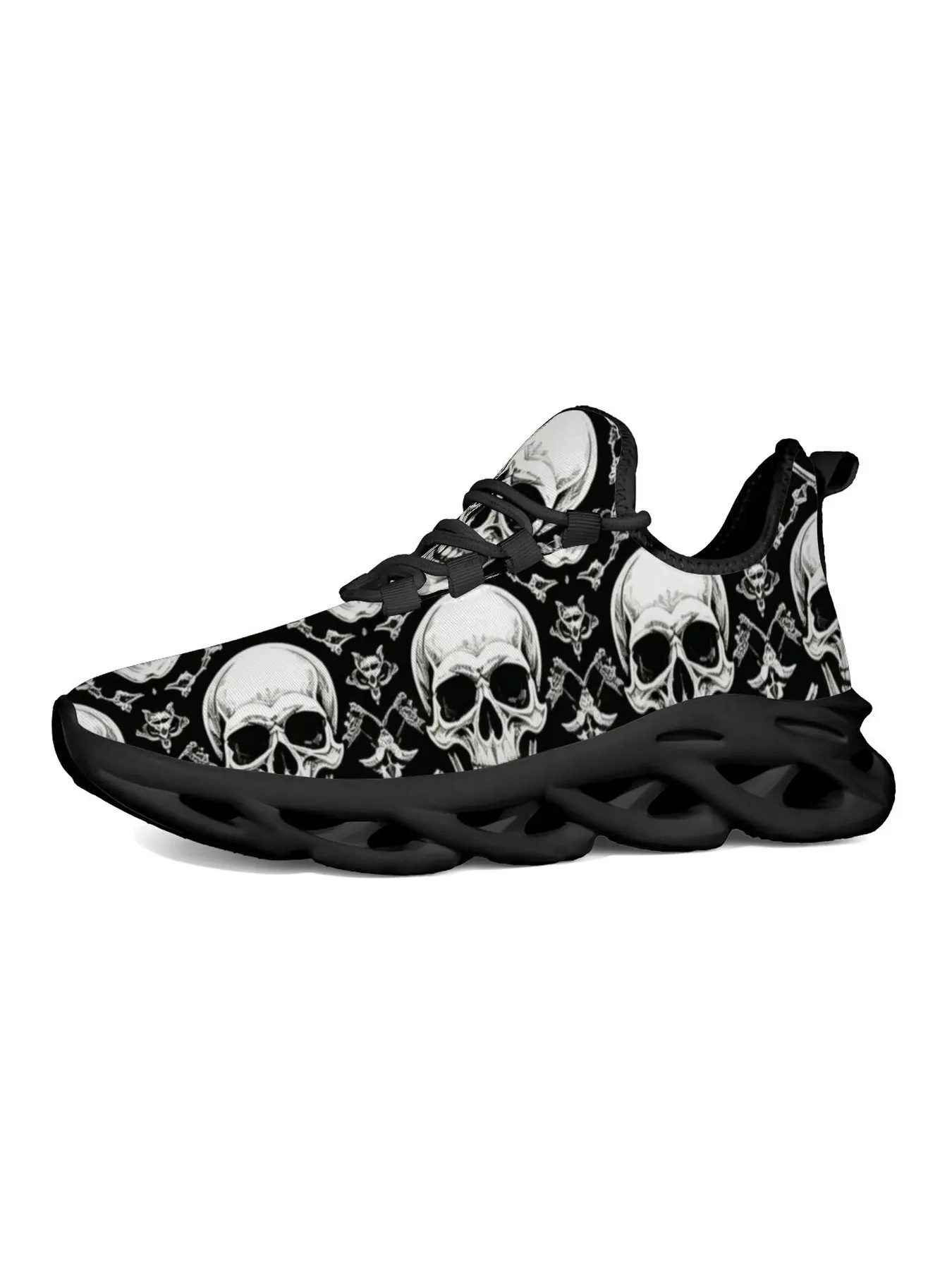 Pirate Skull Crossbones Print Sneakers for Men Women, Black White Jolly Roger Skeleton Pattern Lightweight Breathable Running Shoes, White Blade Sole Casual Athletic Shoes