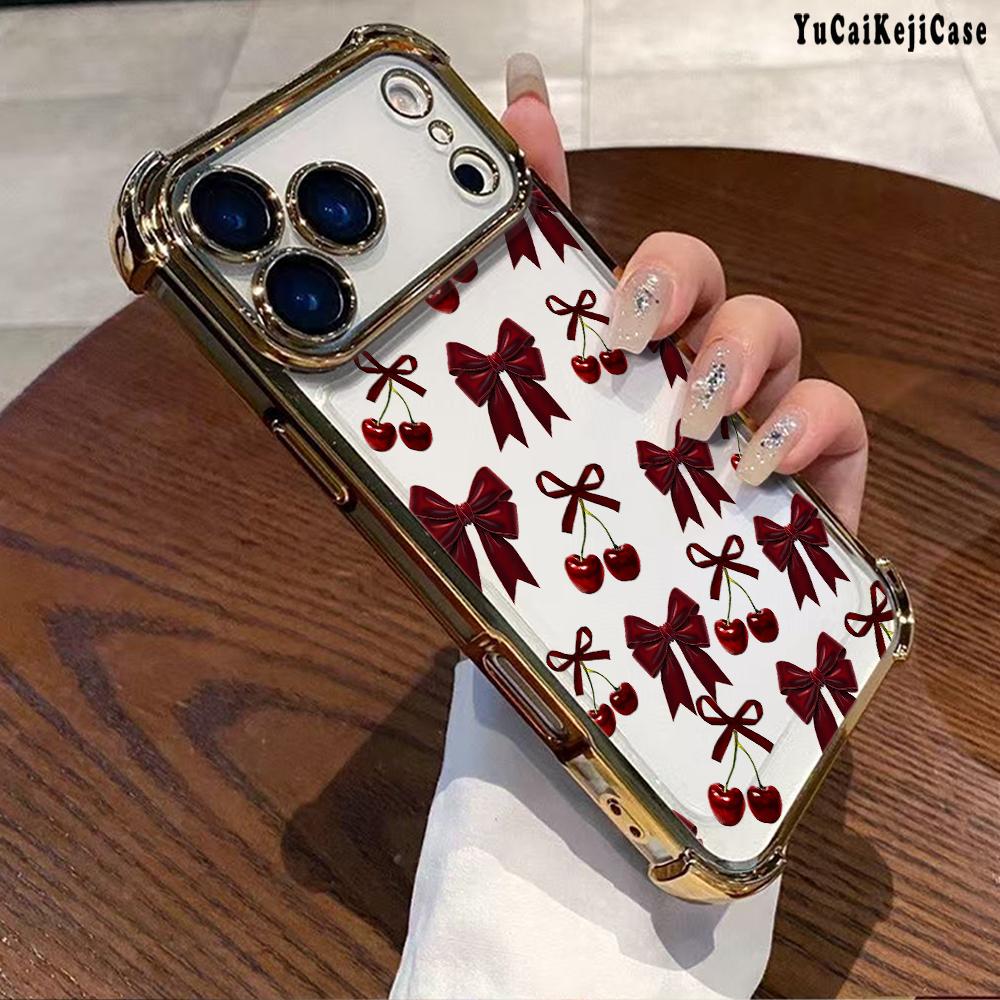 Compatible with Phone Case iPhone 17 Pro Max 16 15 Plus Air 14 13 12 11 E Cherry Bows Pattern Transparent Full Coverage Four Corners Anti-drop Casing